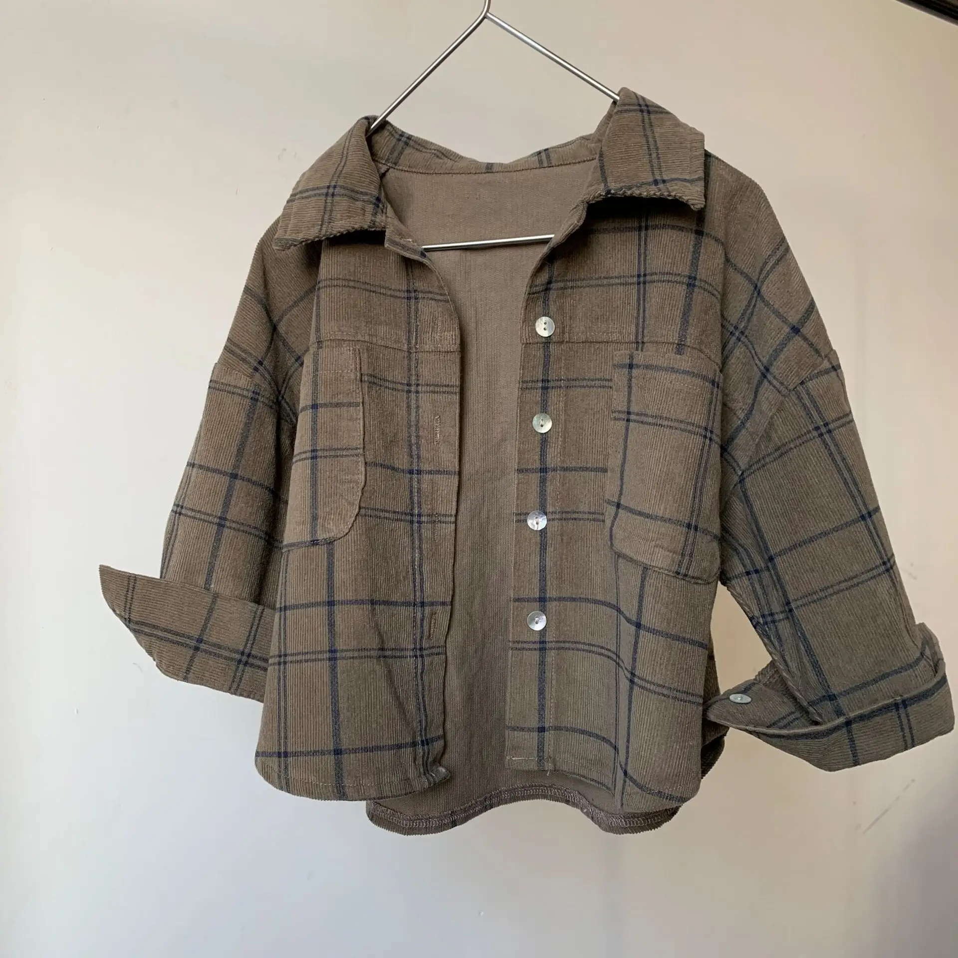 Kids Plaid Hooded Shirt Brown Long Sleeve