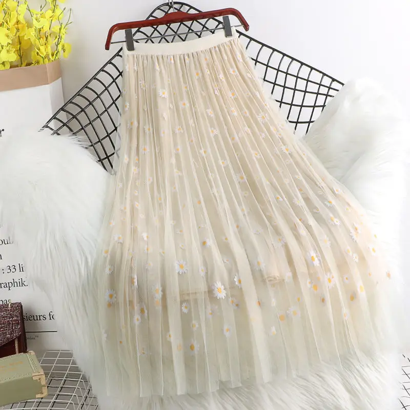Purple Daisy Floral Mesh Skirt Mid Length Korean Style - Image 6