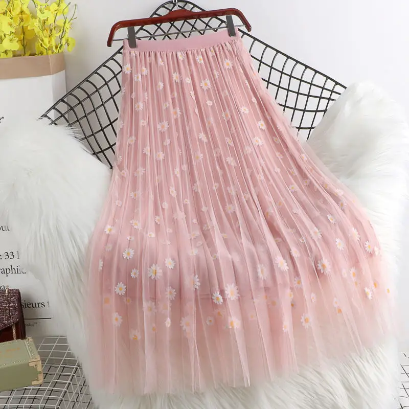 Purple Daisy Floral Mesh Skirt Mid Length Korean Style - Image 7
