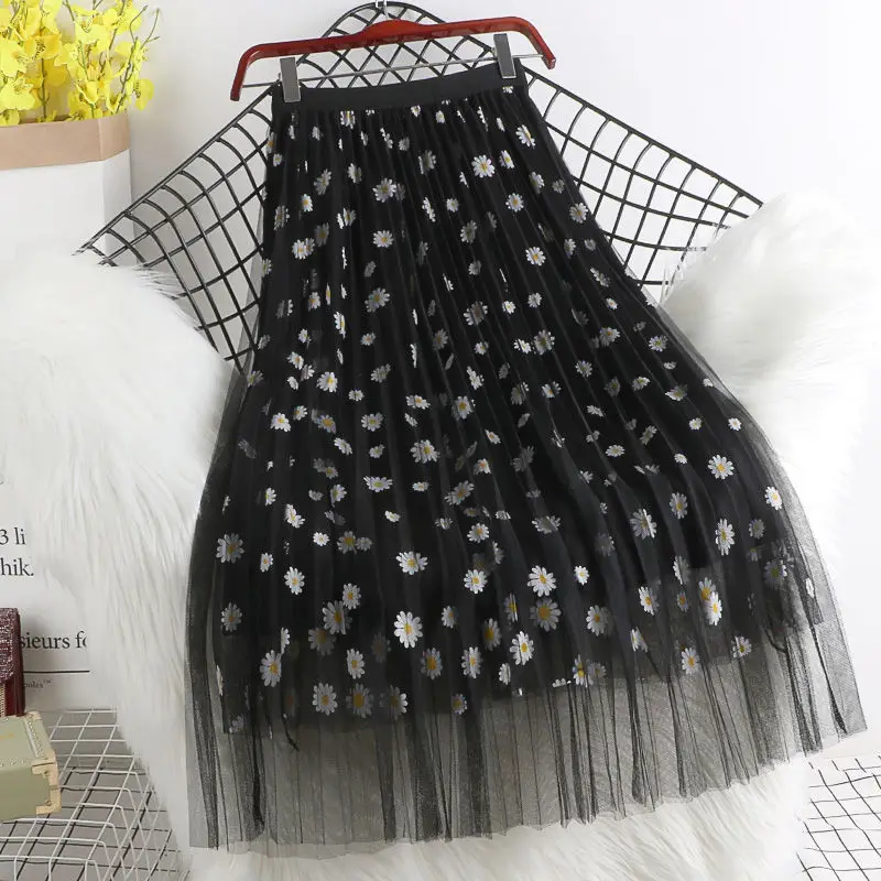 Purple Daisy Floral Mesh Skirt Mid Length Korean Style - Image 8