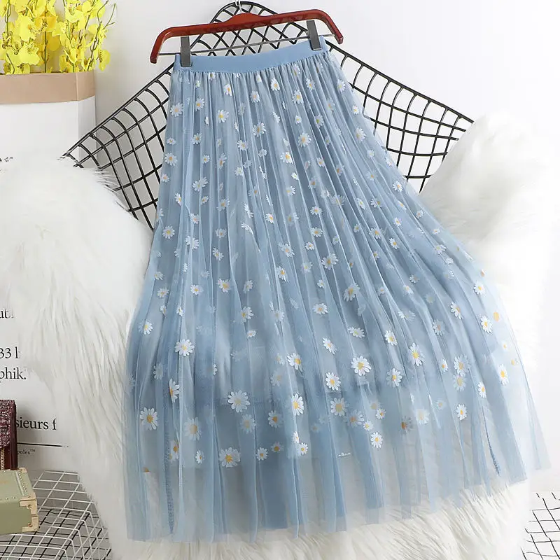 Purple Daisy Floral Mesh Skirt Mid Length Korean Style - Image 3