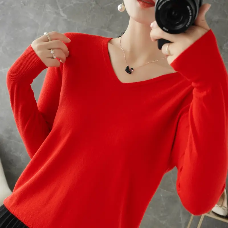 Women Wool V-Neck Knitwear Sweater Red 2025 - Image 17