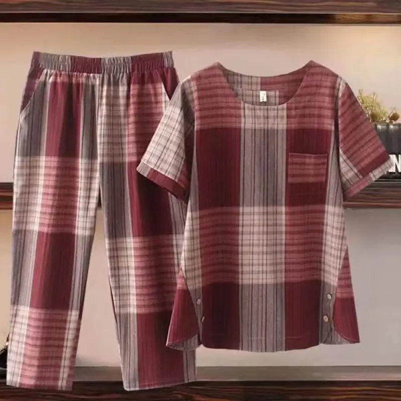 Women Plaid Summer Pajama Set Large Size - Image 7