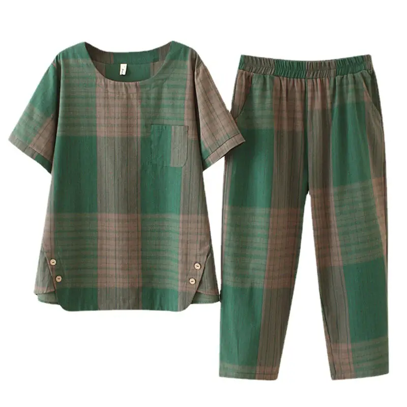 Women Plaid Summer Pajama Set Large Size - Image 8