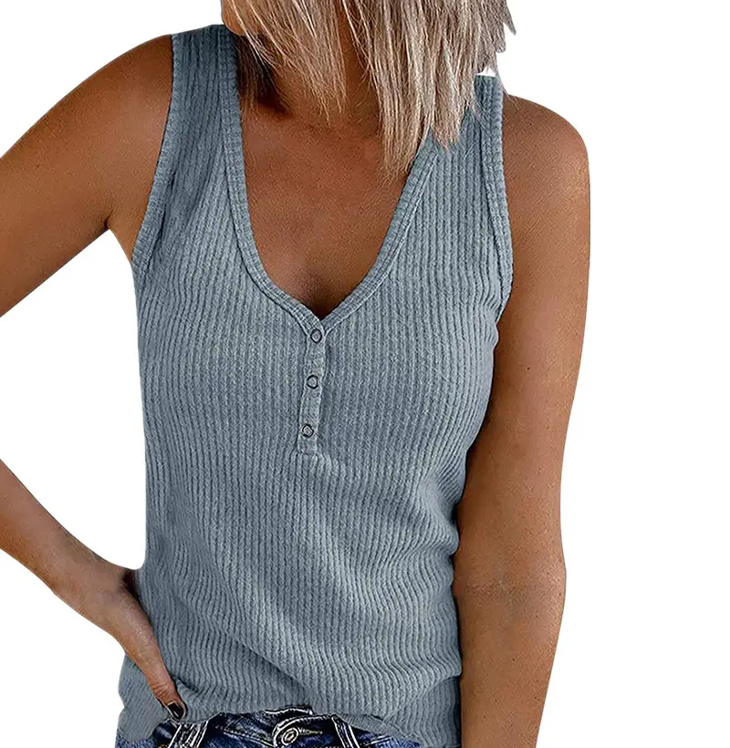 Women Button V-Neck Sleeveless T-Shirt Top Brown - Image 51
