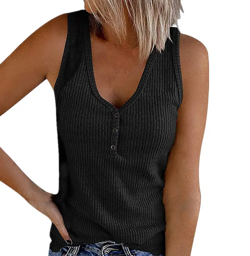 Women Button V-Neck Sleeveless T-Shirt Top Brown - Image 18
