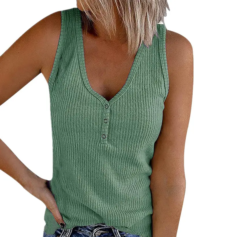 Women Button V-Neck Sleeveless T-Shirt Top Brown - Image 31