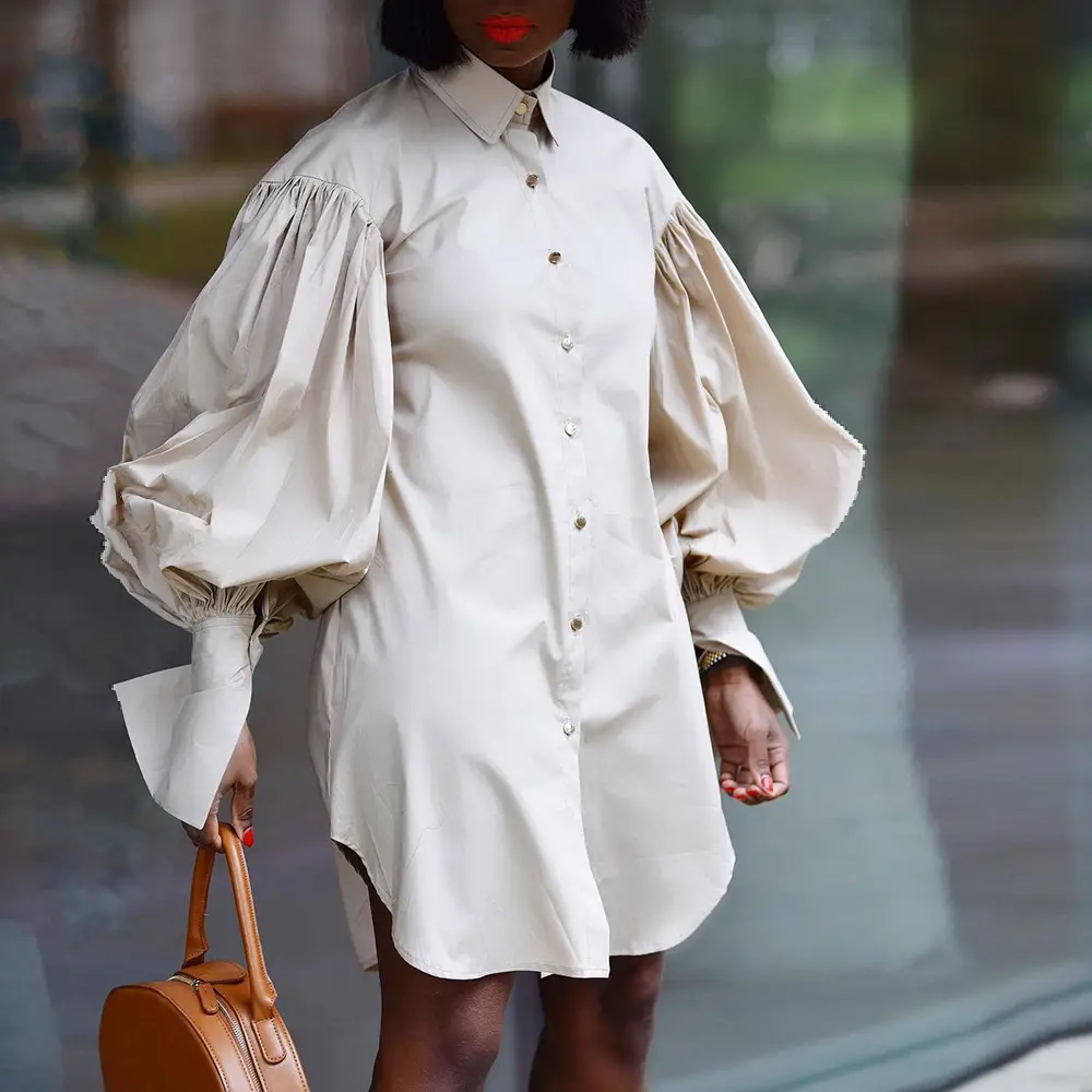 Plus Size Yellow Bubble Sleeve Long Sleeve Shirt Dress