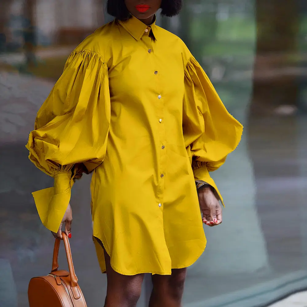Plus Size Yellow Bubble Sleeve Long Sleeve Shirt Dress