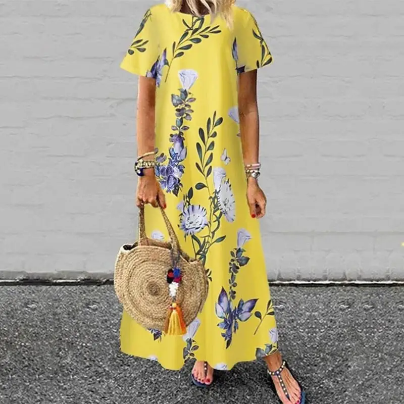 Women's Yellow Floral Long Dress Large Summer Round Neck Short Sleeve - Image 2