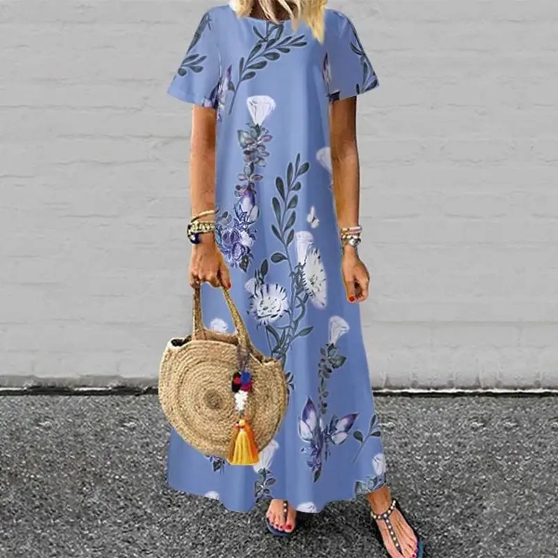 Women's Yellow Floral Long Dress Large Summer Round Neck Short Sleeve - Image 3