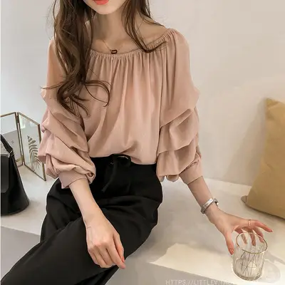 2025 Korean Style Off-Shoulder Chiffon Shirt for Women - Image 2