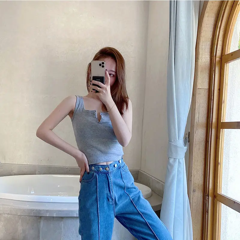 Black Sleeveless Knitted Top for Women Spring Summer