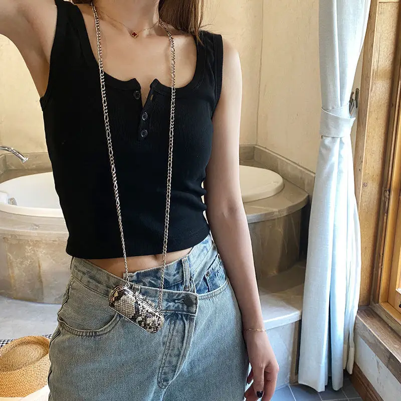 Black Sleeveless Knitted Top for Women Spring Summer