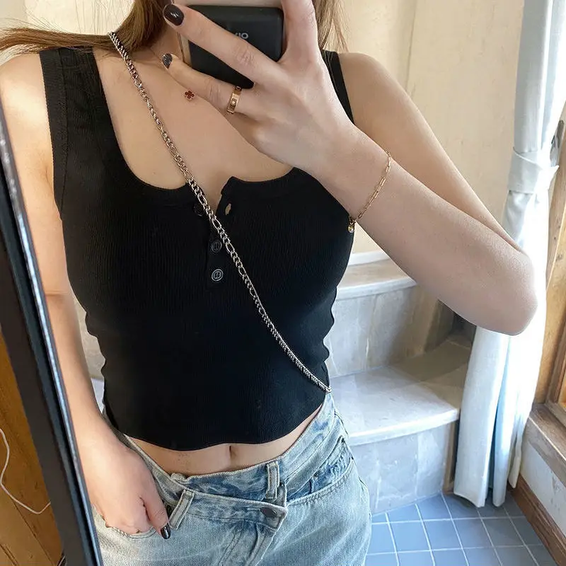 Black Sleeveless Knitted Top for Women Spring Summer