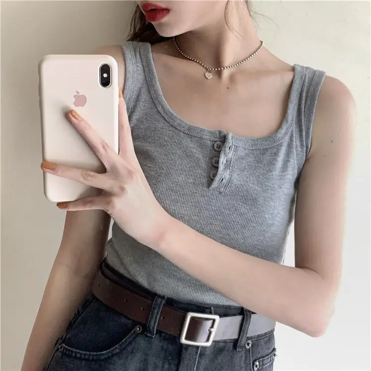 Women Black Button Front Camisole 2021 Summer - Image 5