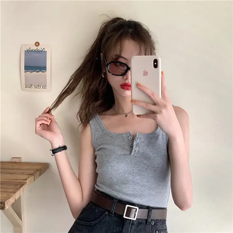Women Black Button Front Camisole 2021 Summer - Image 6