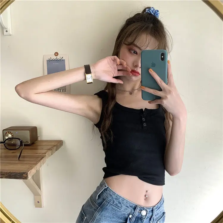 Women Black Button Front Camisole 2021 Summer — feature 15