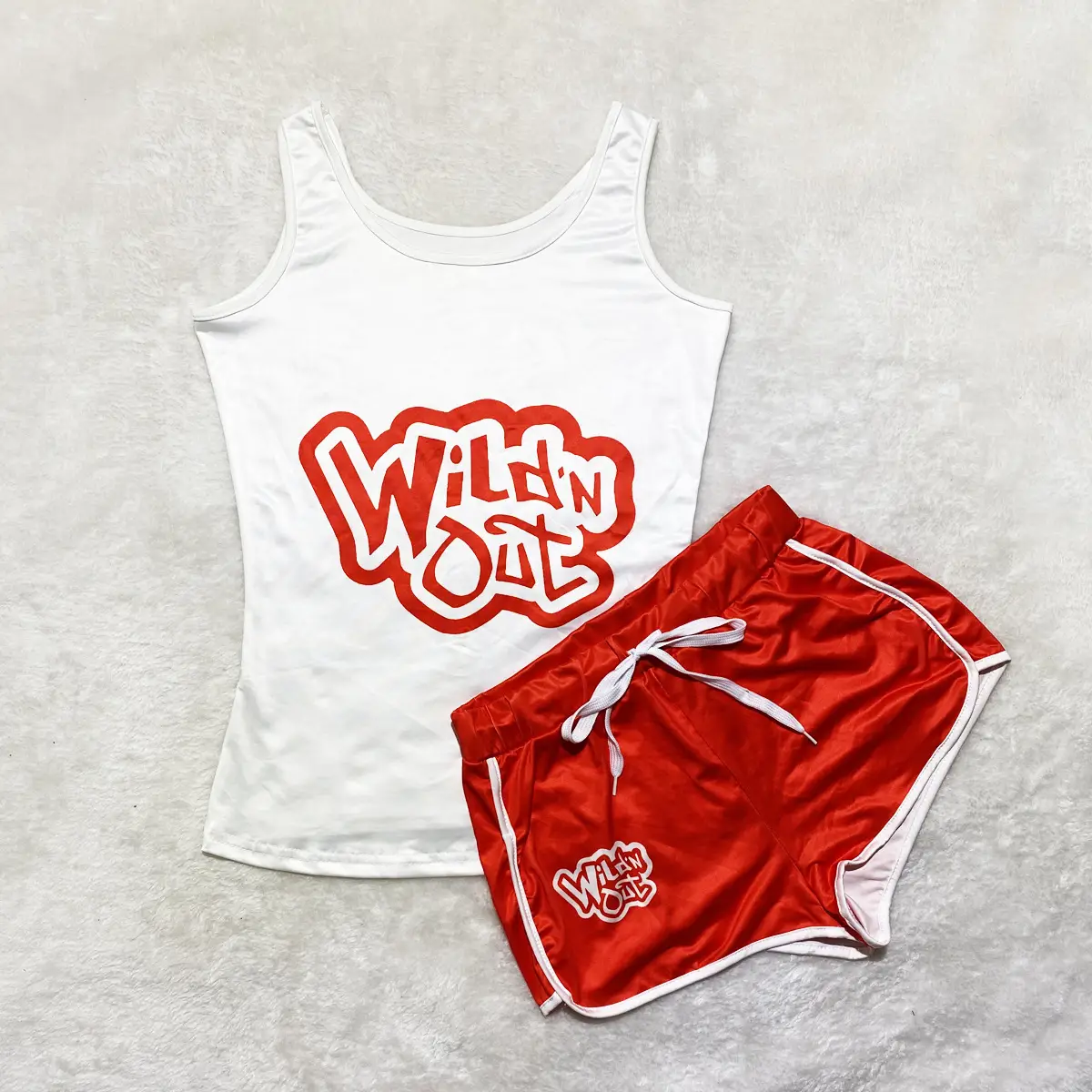 Red Printed Yoga Shorts Set with White Top - Image 15