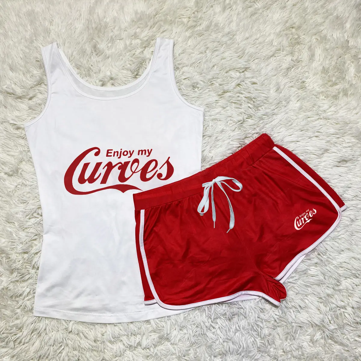 Red Printed Yoga Shorts Set with White Top - Image 19