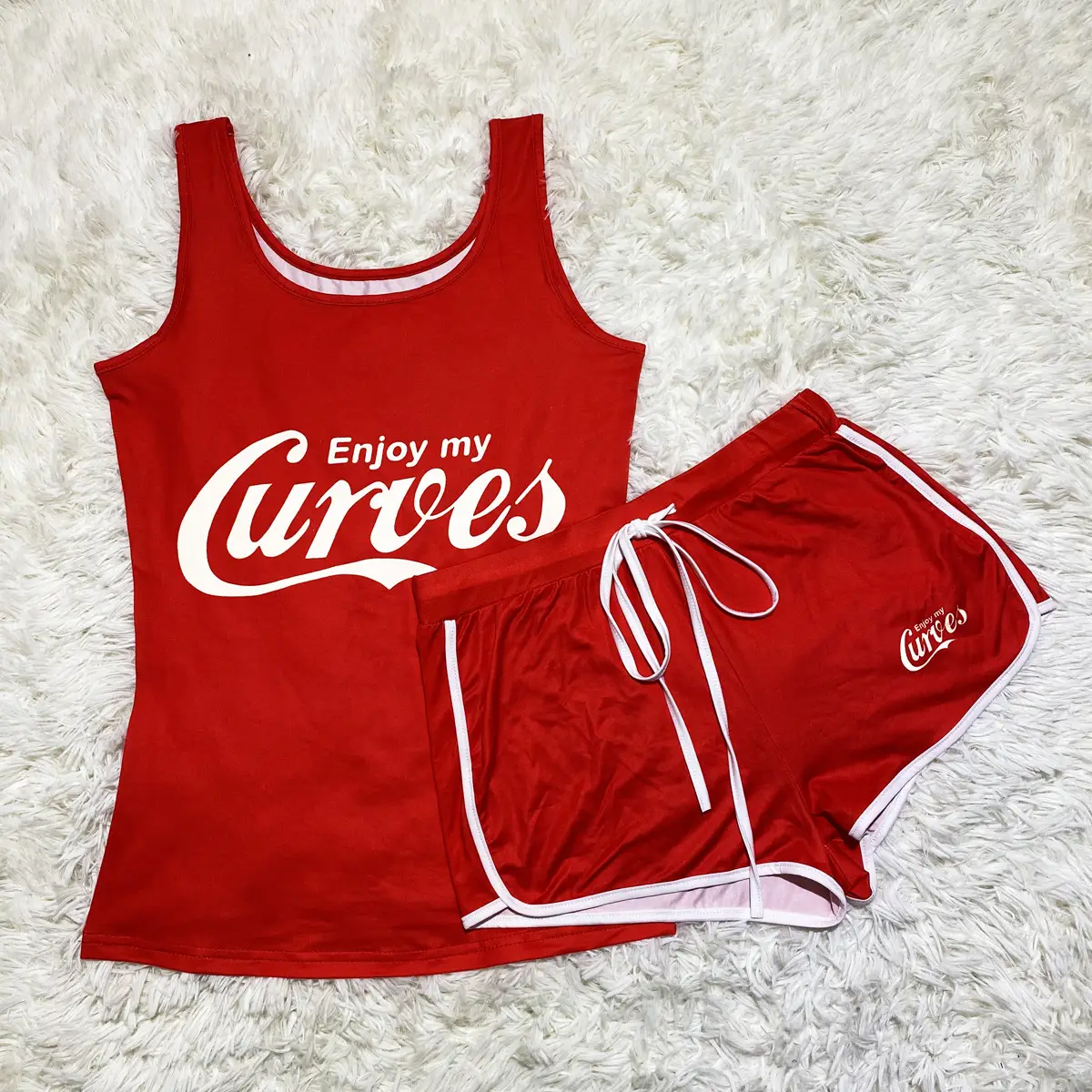 Red Printed Yoga Shorts Set with White Top - Image 3