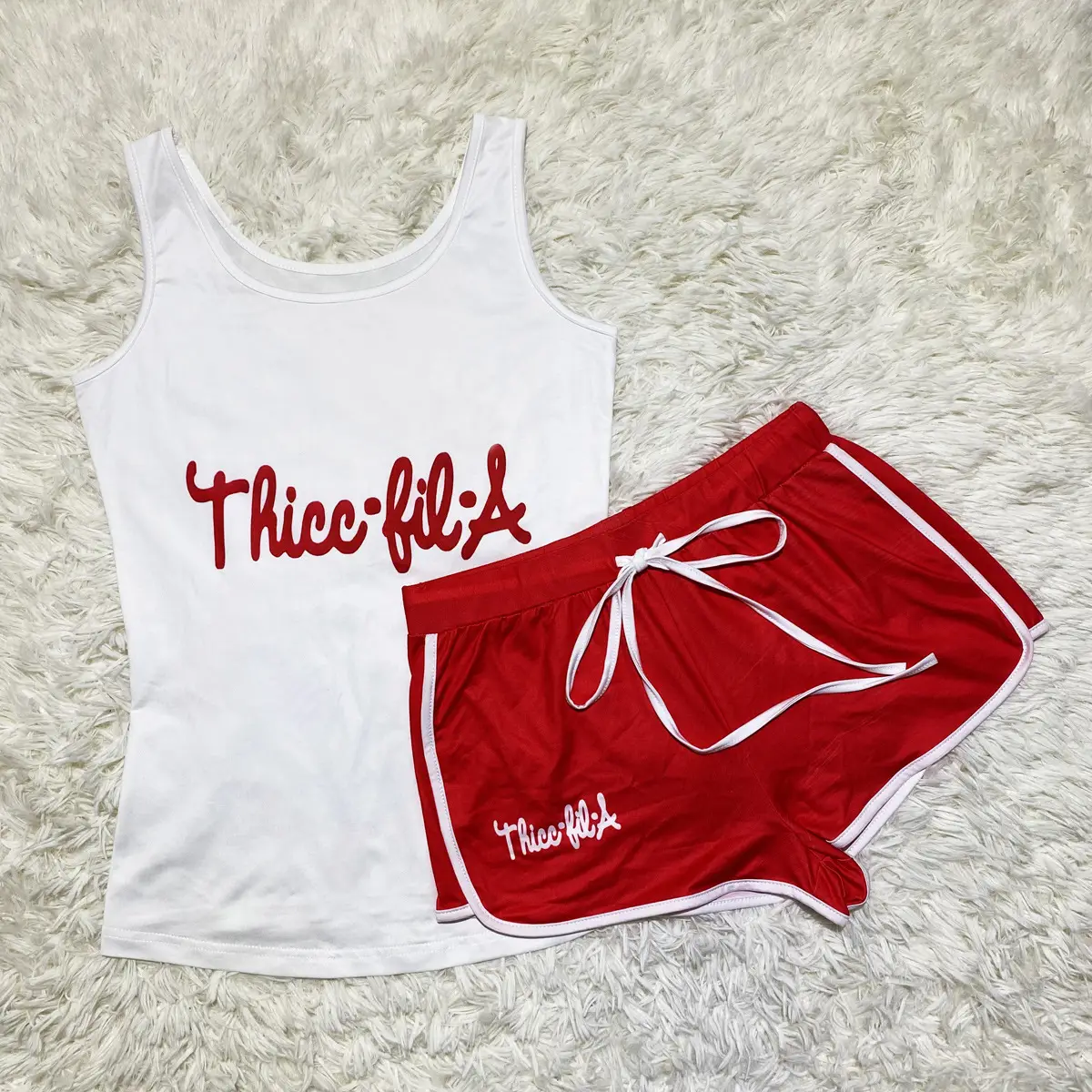 Red Printed Yoga Shorts Set with White Top - Image 5