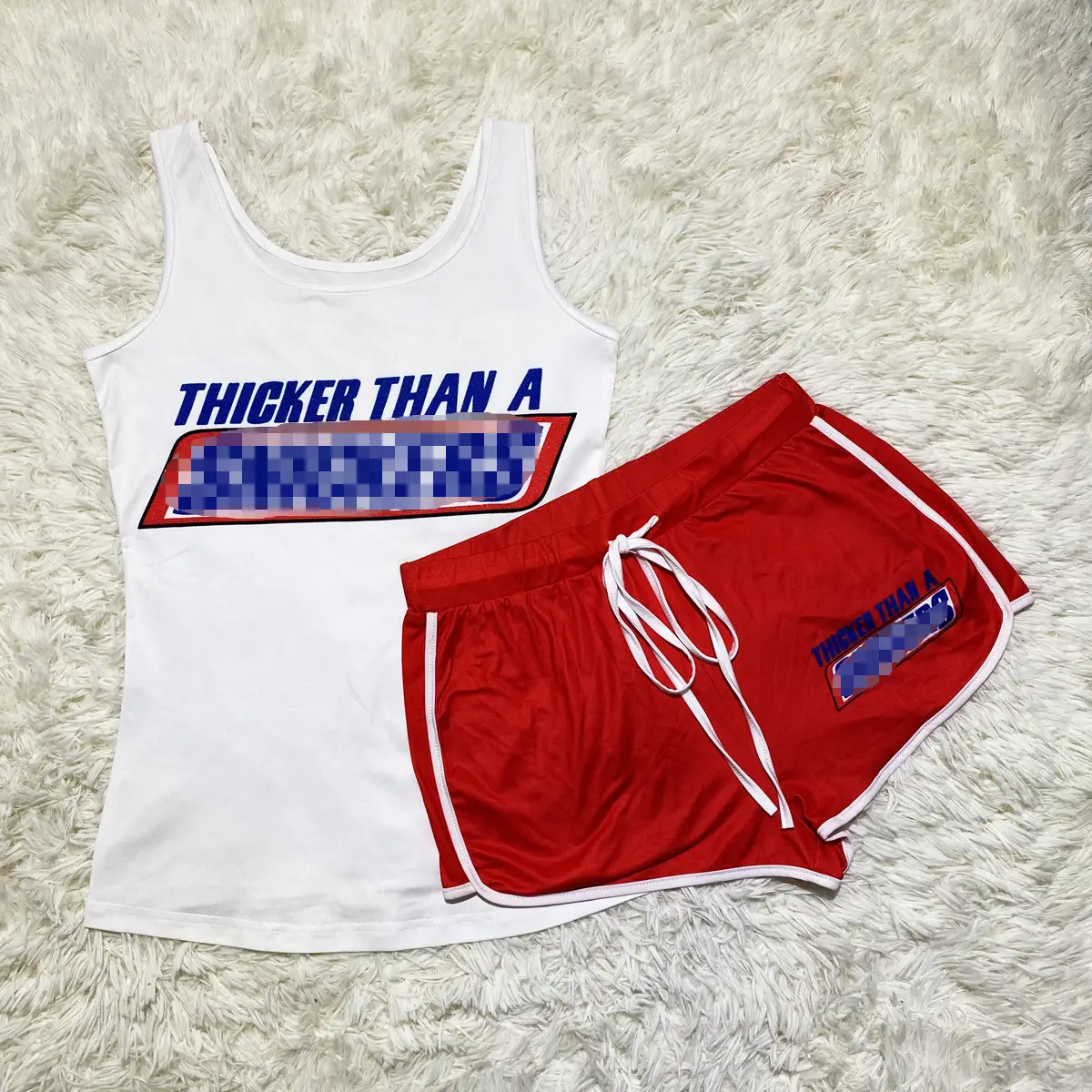 Red Printed Yoga Shorts Set with White Top - Image 7