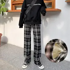 加厚羊羔绒黑白格子裤女休闲高腰直筒宽松显瘦阔腿裤冬长裤保暖裤