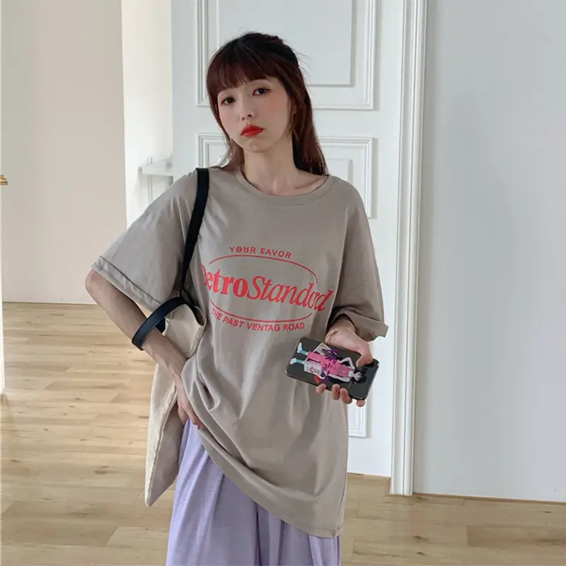 Korean Summer Women's Letter Printed Cotton Top Blue