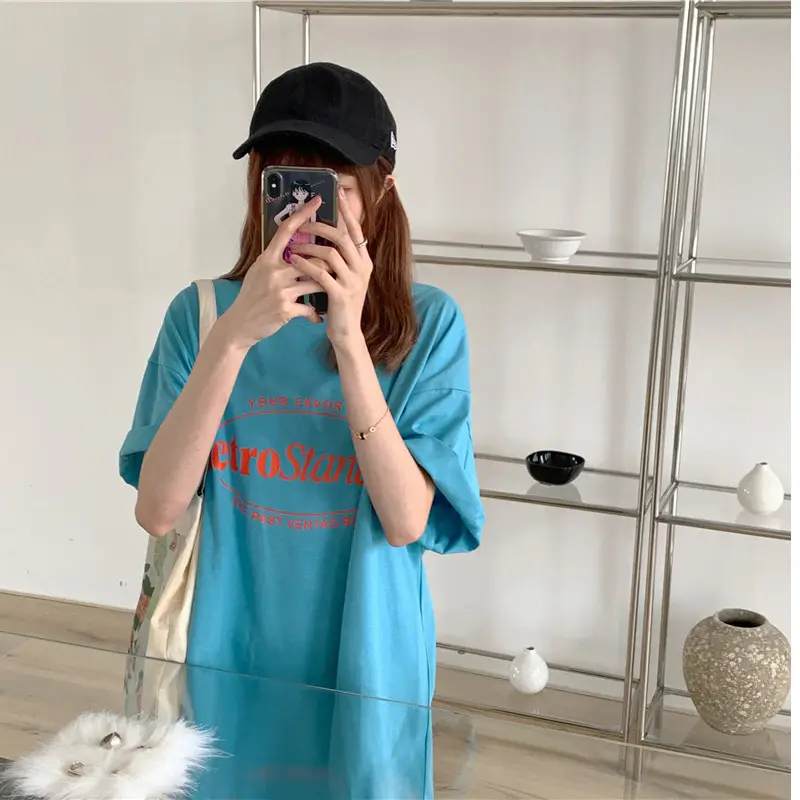 Korean Summer Women's Letter Printed Cotton Top Blue