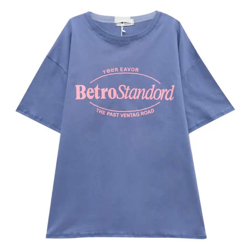 Korean Summer Women's Letter Printed Cotton Top Blue