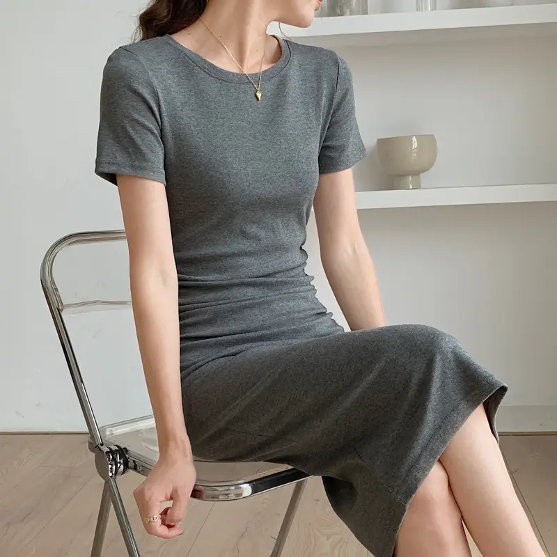 Women Slimming Black Mid-Length T-Shirt Dress 2025 - Image 4