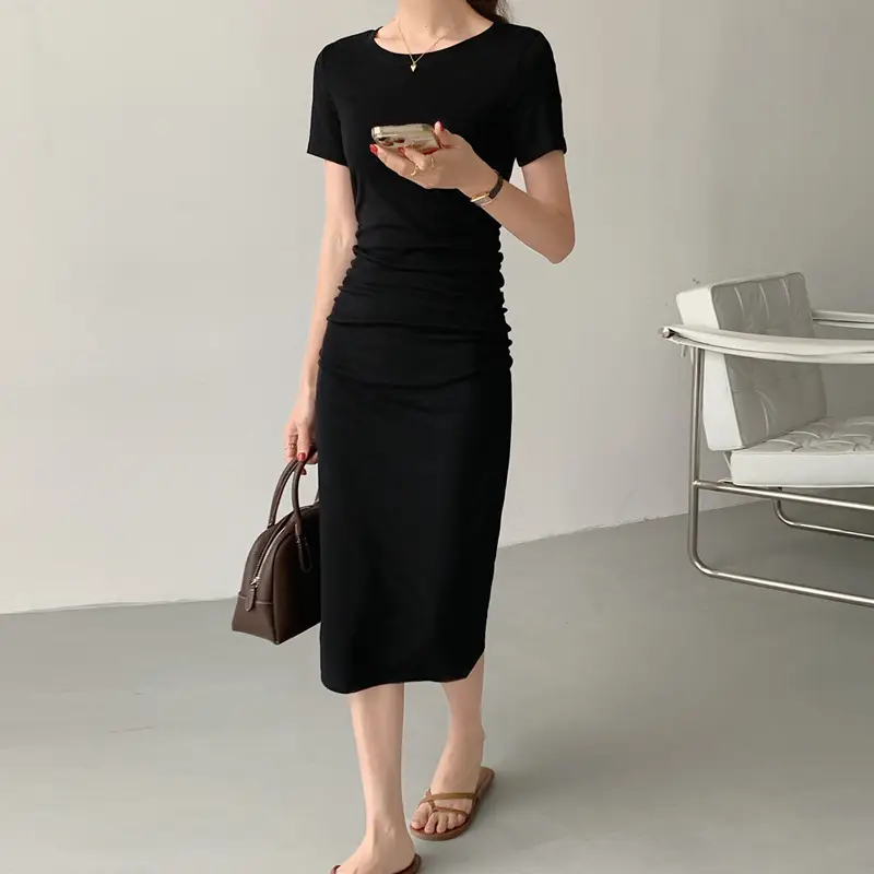Women Slimming Black Mid-Length T-Shirt Dress 2025 - Image 5