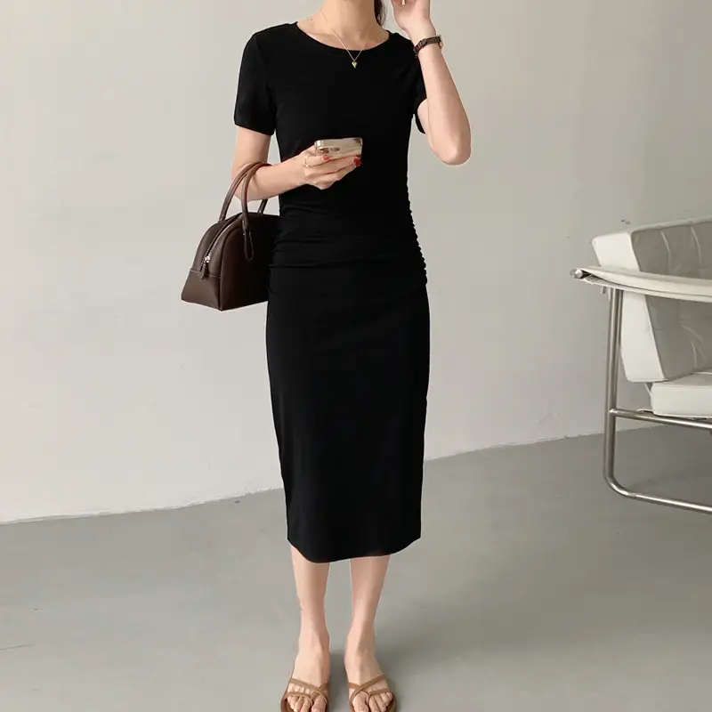 Women Slimming Black Mid-Length T-Shirt Dress 2025 - Image 2