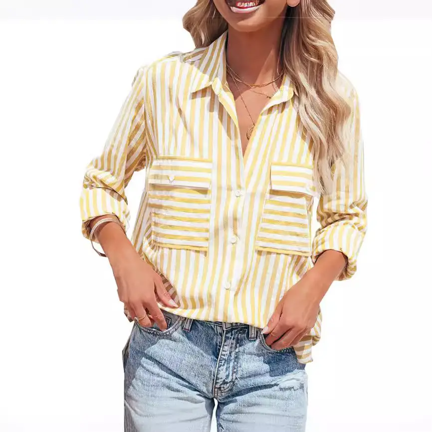 Women Striped Long Sleeve Shirt Pink White Cotton Summer Wear - Image 9