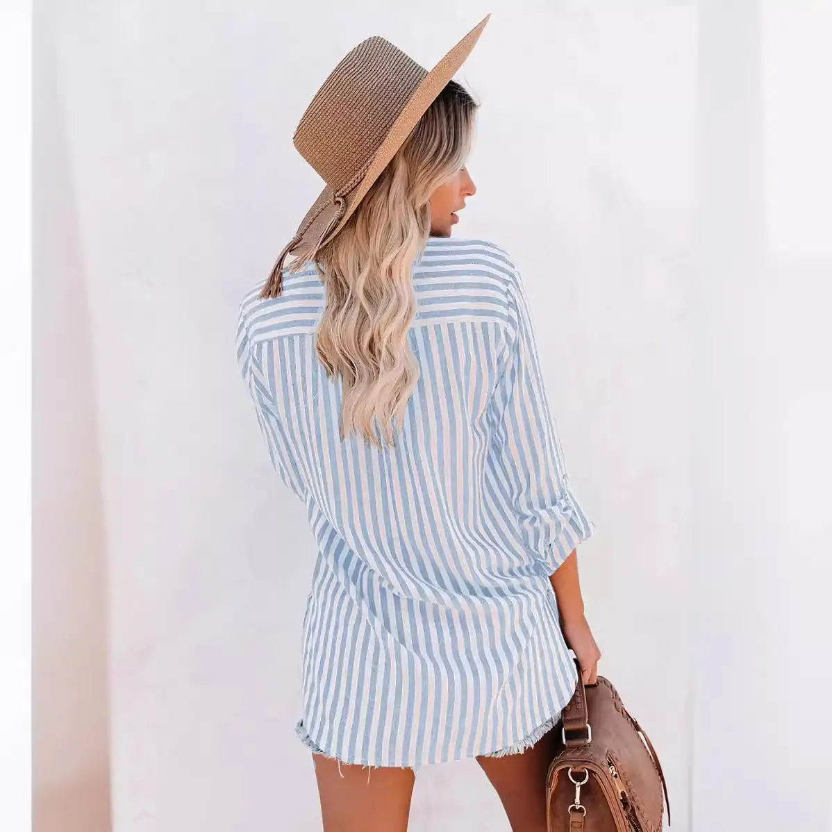Women Striped Long Sleeve Shirt Pink White Cotton Summer Wear - Image 10