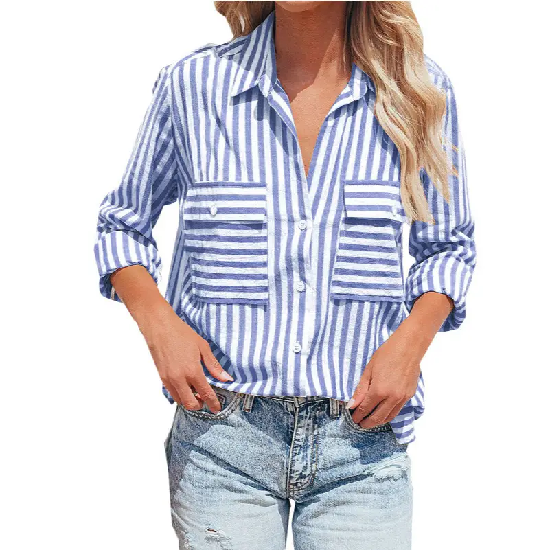 Women Striped Long Sleeve Shirt Pink White Cotton Summer Wear - Image 11