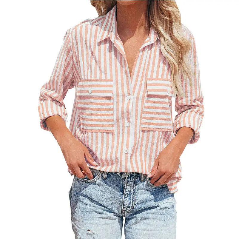Women Striped Long Sleeve Shirt Pink White Cotton Summer Wear - Image 12