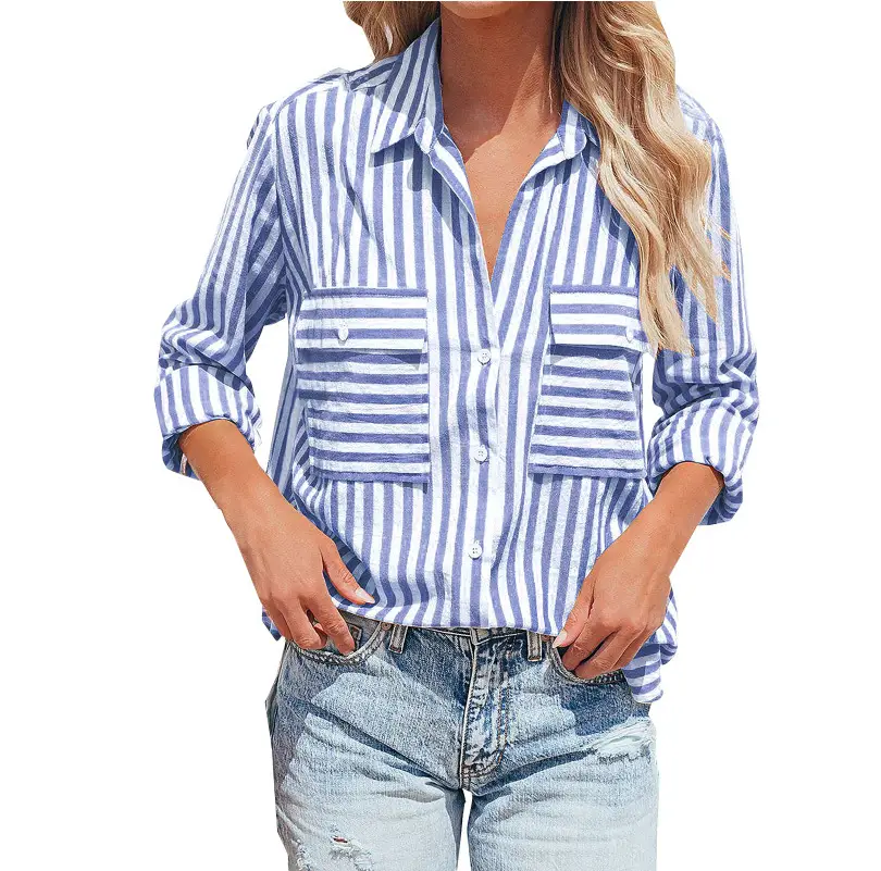 Women Striped Long Sleeve Shirt Pink White Cotton Summer Wear - Image 4