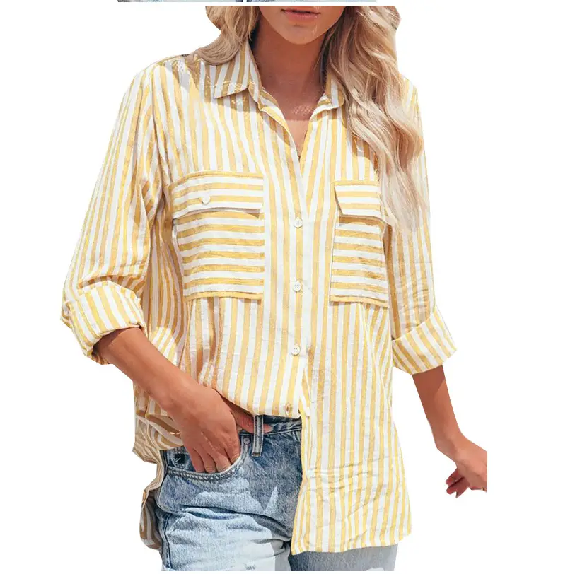 Women Striped Long Sleeve Shirt Pink White Cotton Summer Wear - Image 7