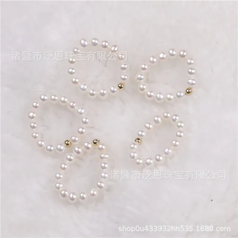 18K Gold Elastic Pearl Rings 3-4mm Round - Image 4
