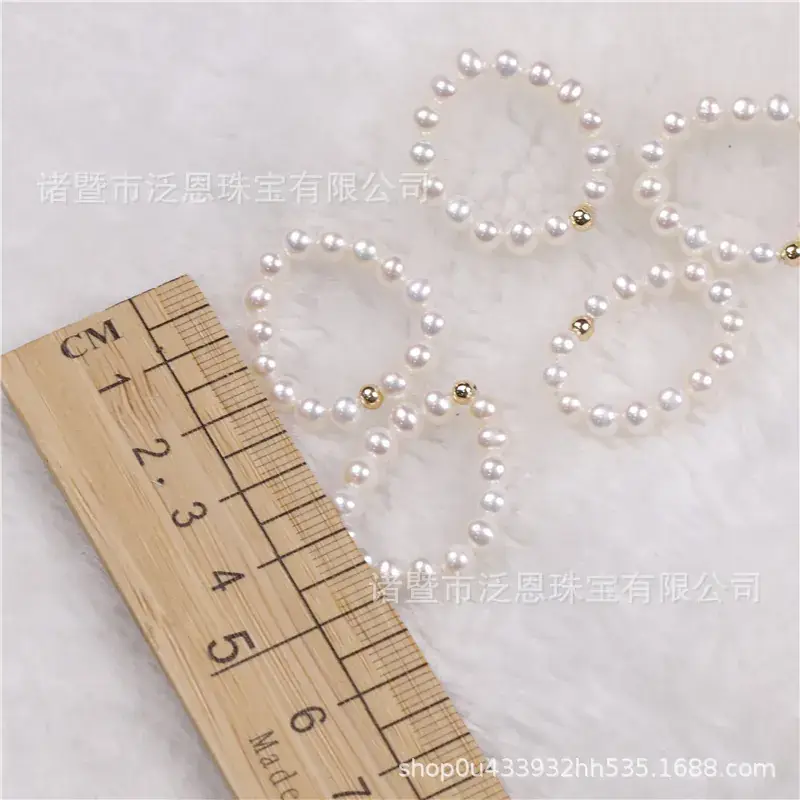 18K Gold Elastic Pearl Rings 3-4mm Round - Image 5