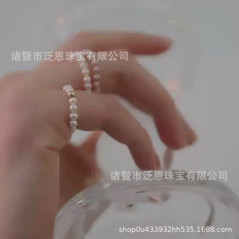 18K Gold Elastic Pearl Rings 3-4mm Round - Image 6