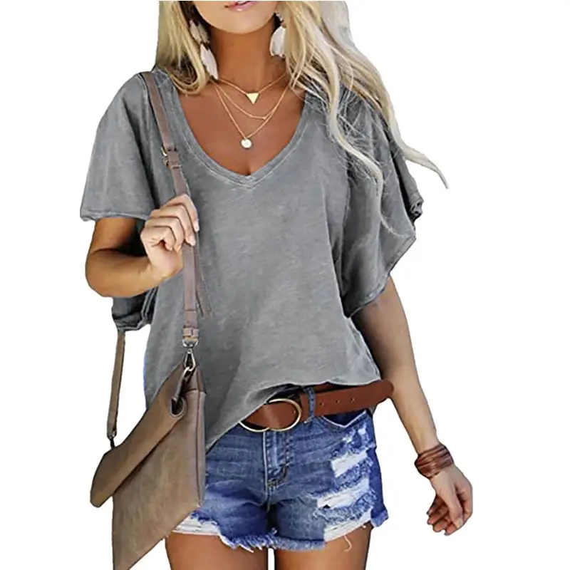 2023 Women's V Neck Loose Sleeve Top T-Shirt White - Image 2