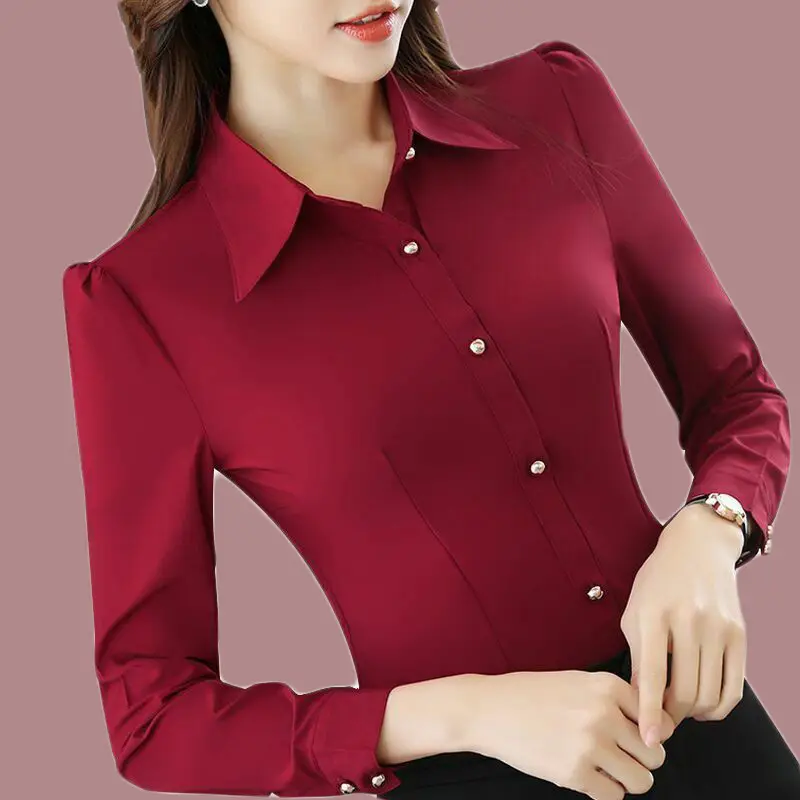 Red Long Sleeve Button-Down Women's Business Shirt - Image 4