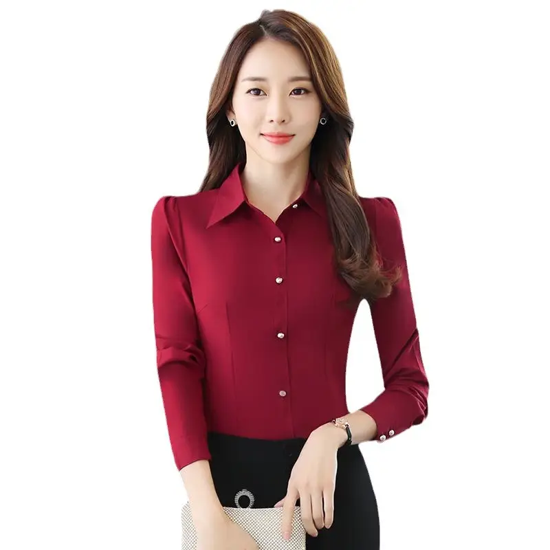 Red Long Sleeve Button-Down Women's Business Shirt - Image 5