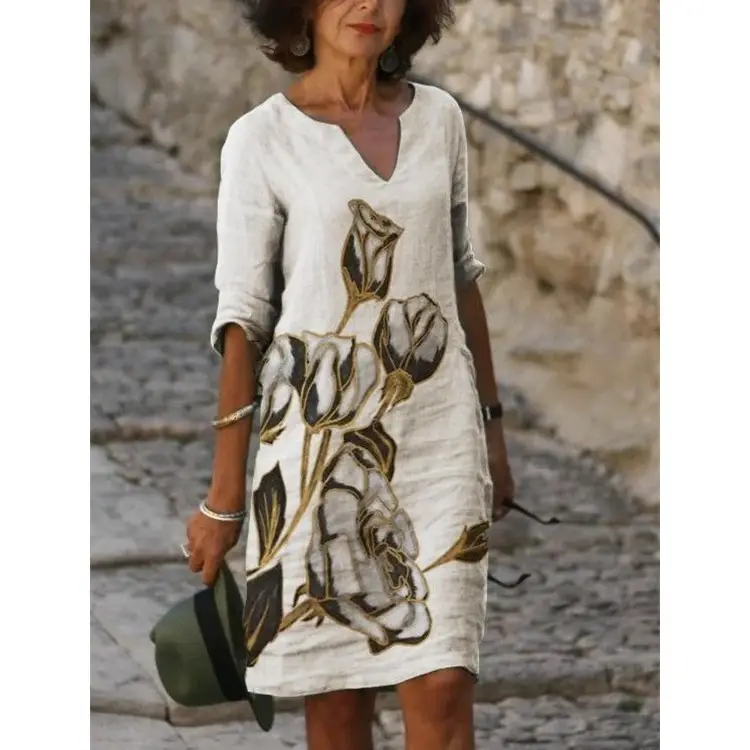 Women's Black Floral Short Sleeve Dress with V-Neck