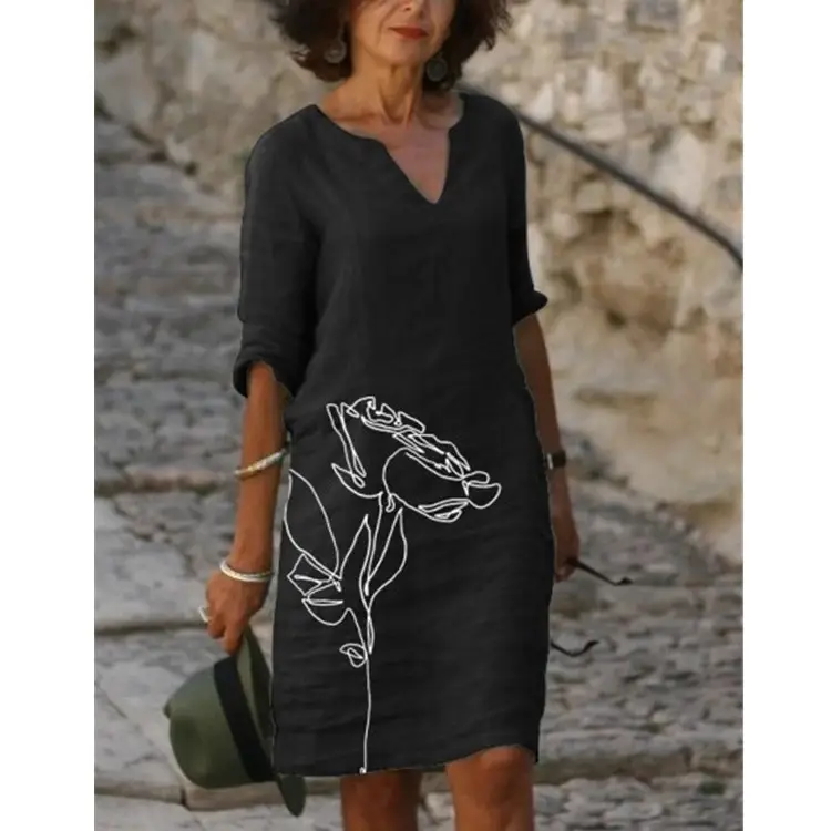Women's Black Floral Short Sleeve Dress with V-Neck
