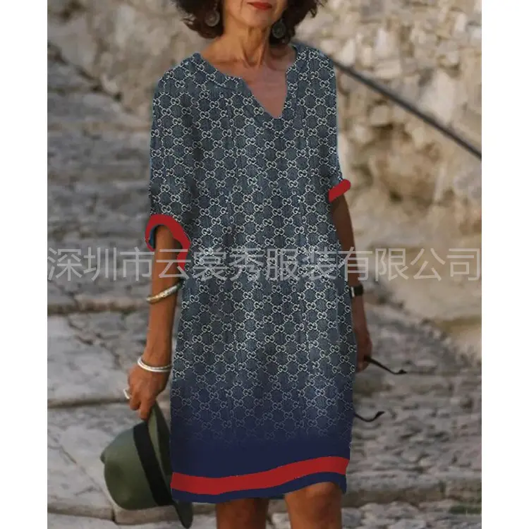 Women's Black Floral Short Sleeve Dress with V-Neck