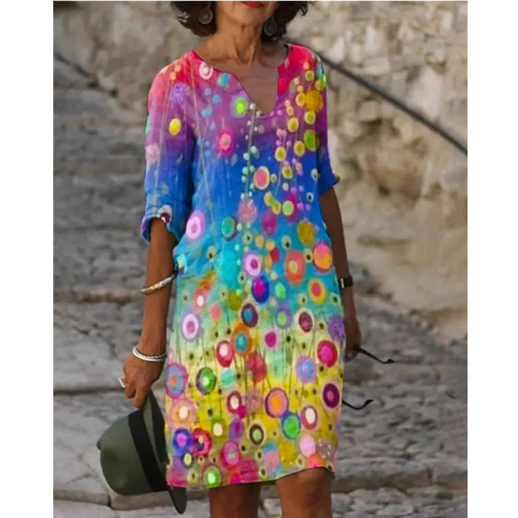 Women's Black Floral Short Sleeve Dress with V-Neck